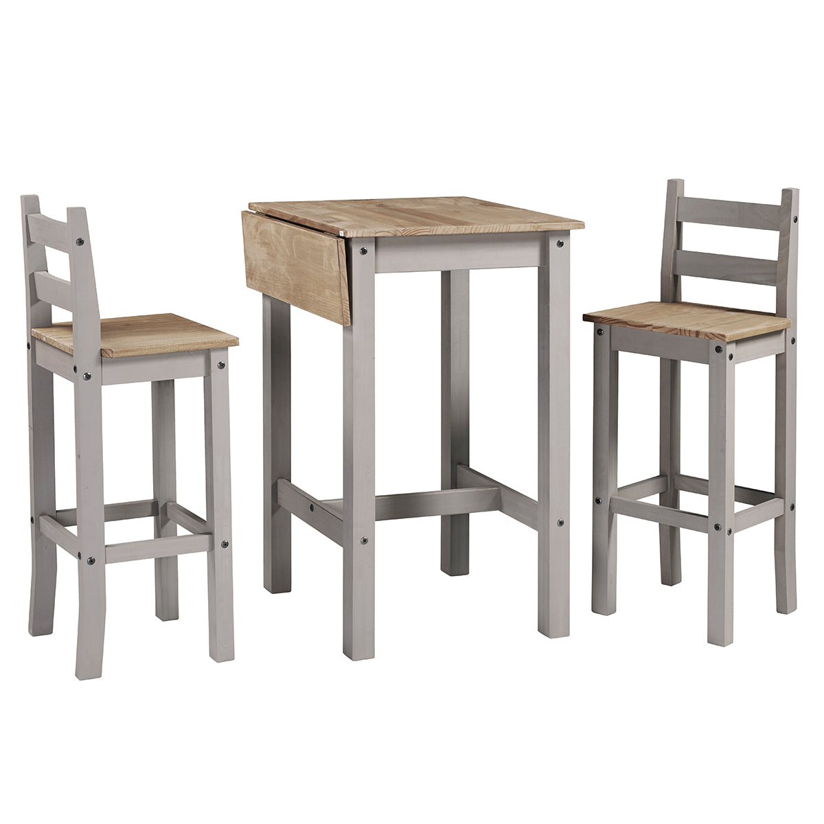 Wood Bar Height Dining Set of Drop Leaf Table and 2 Stools White