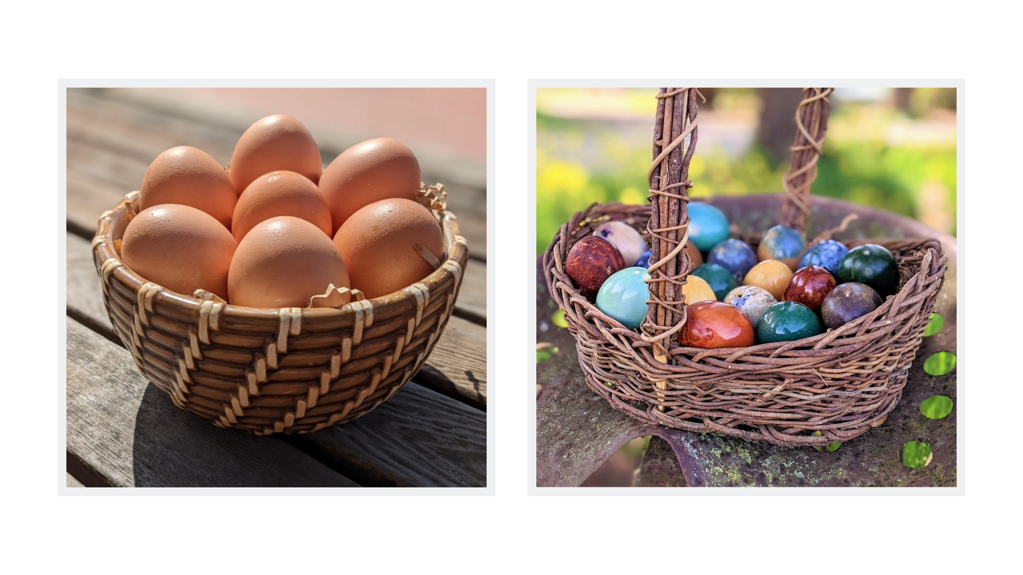 Before and After Eggs in Basket. Dyed Easter Eggs