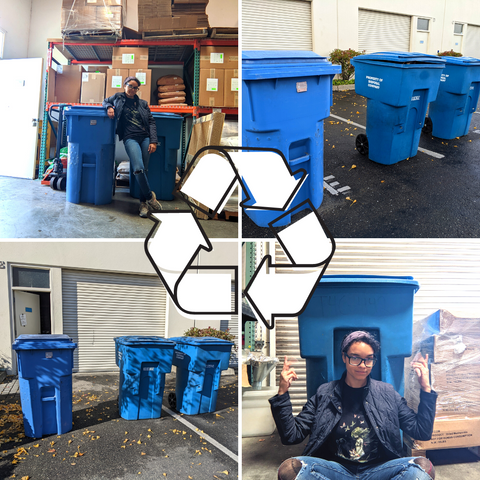 National Recycle Day Treats for Chickens Sonia Warehouse Shipping Department with low impact blue recycling bins