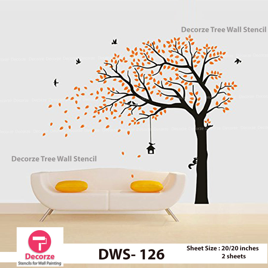 Autumn Tree Falling Leaves and Flying Birds Wall Stencil | Wall ...