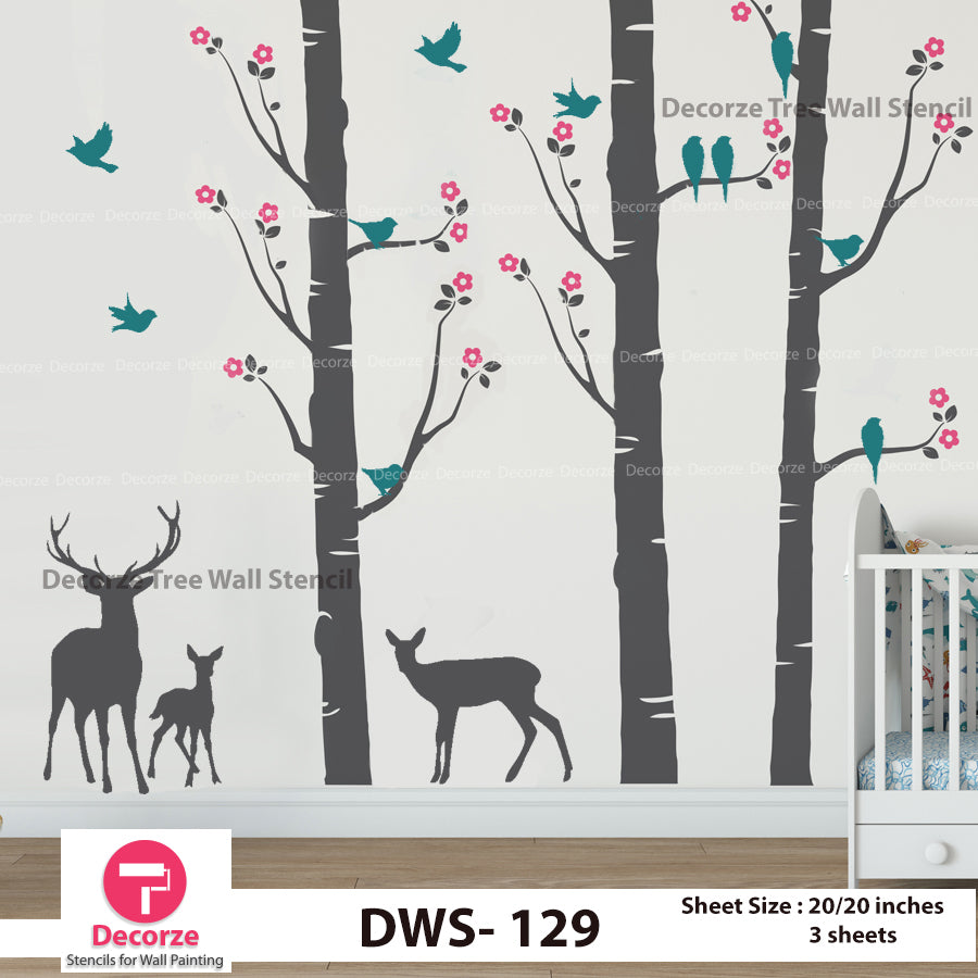 Birch Tree with Flowers Stencil | Birds and Deer Stencil | Wall ...