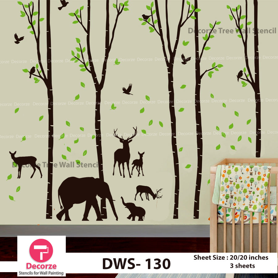 Forest Stencil | Birch Tree Falling Leaves Stencil | Birds Deer ...