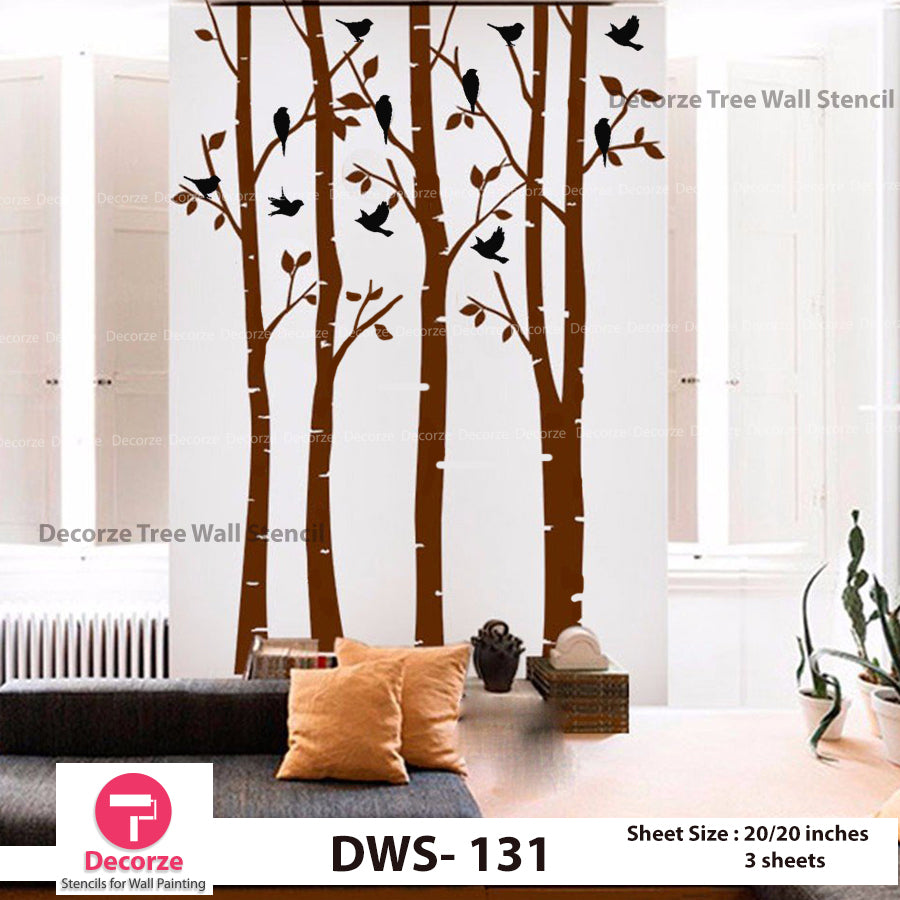 Birch Tree with birds wall Stencil | Wall Painting Designs ...