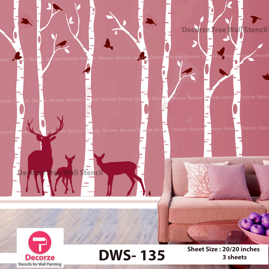 Birch Tree with Birds and Deer Wall stencil | Wall Painting ...