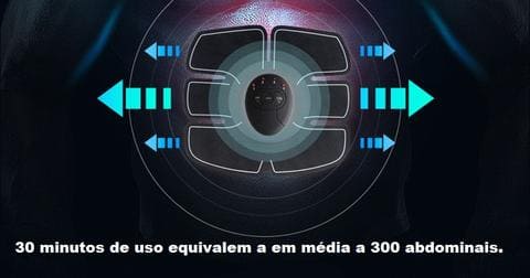 Imagem ilustrativa do ABS Trainer 3.0 aplicado no abdômen de uma pessoa explicando como ele funciona com vibrações frenéticas e que 30 minutos de uso do ABS Trainer 3.0 equivalem a média de 300 abdominais
