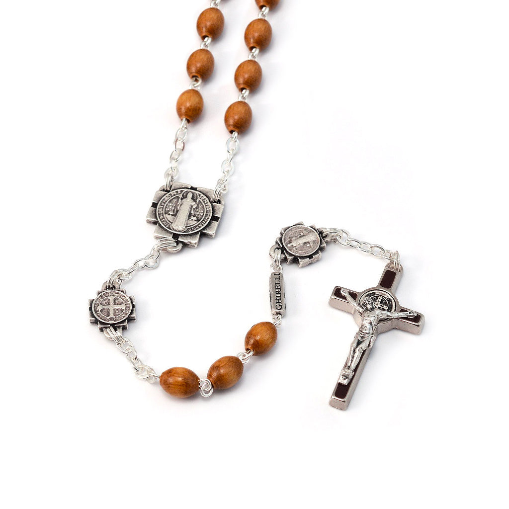 Saint Benedict Rosary with Italian Wood & Silver - Ghirelli Rosaries