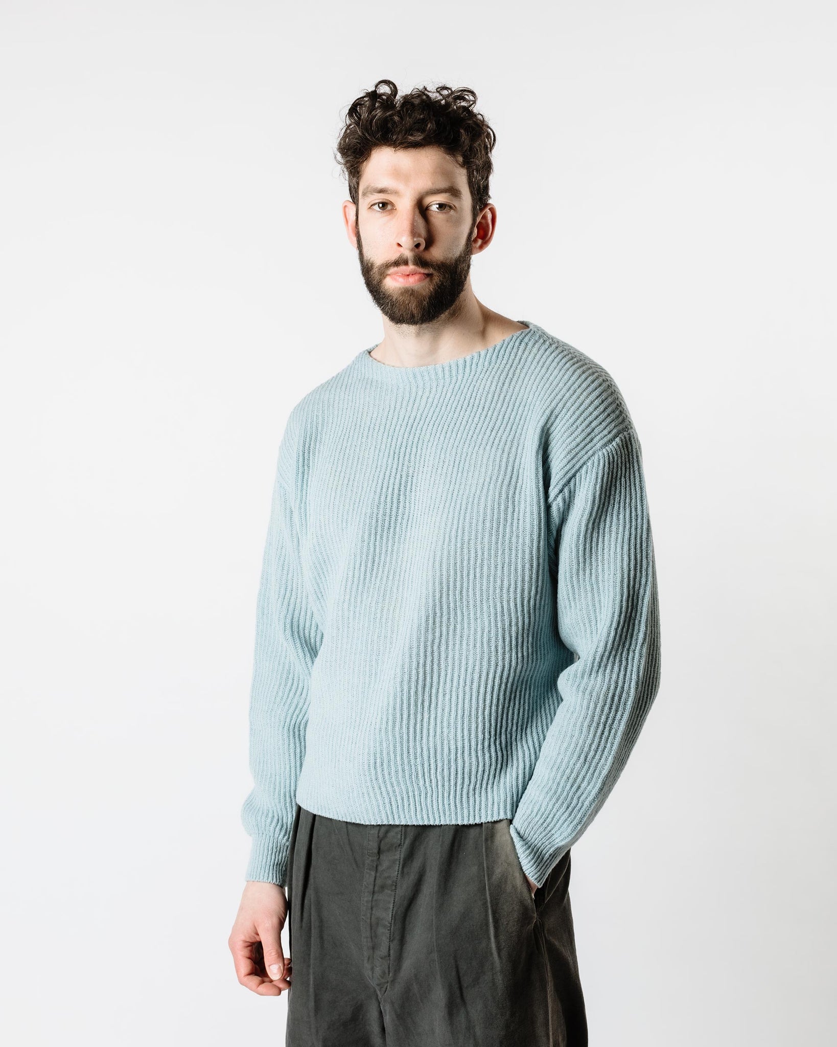 Auralee Hard Twist Wool Rib Knit Boat Neck P/O Light Blue