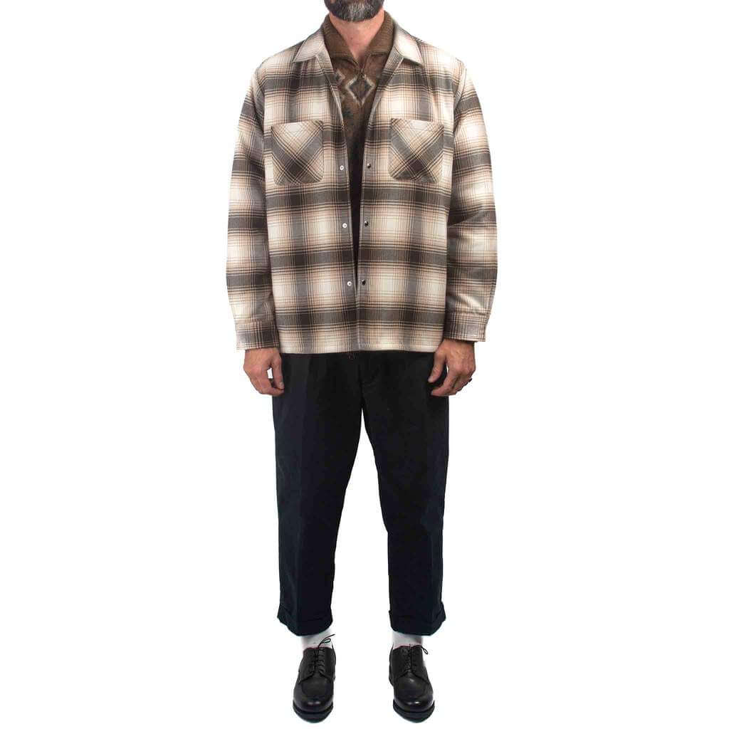 Beams Plus Quilt Open Collar Shirt Ombre Check Brown