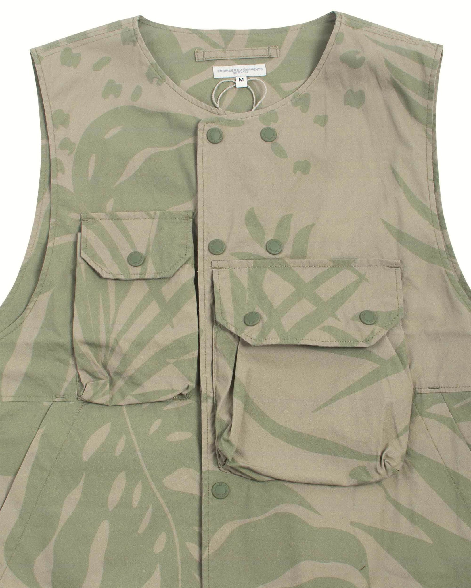 Engineered Garments Cover Vest Khaki Olive Leaf Print Cotton Poplin