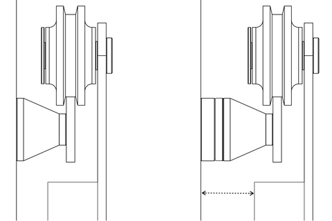 drawing showing spacing a barn door off the wall with clearance spacers