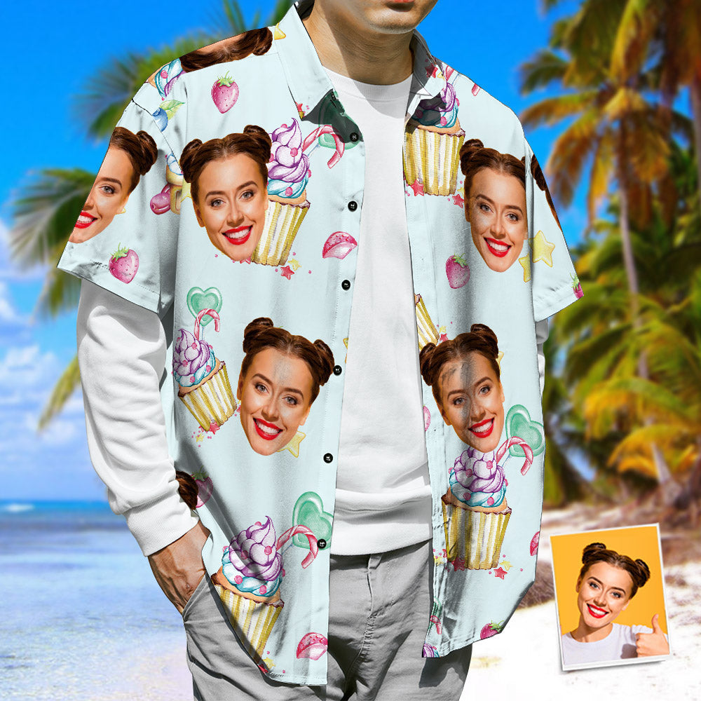 Personalized Face Hawaiian Shirt,  Ice Cream & Strawberry Summer Holiday Shirt, Unisex
