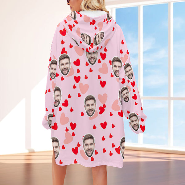 Custom Face Adult Unisex Blanket Hoodie Personalized Blanket Pajama Gift Pink Heart - 