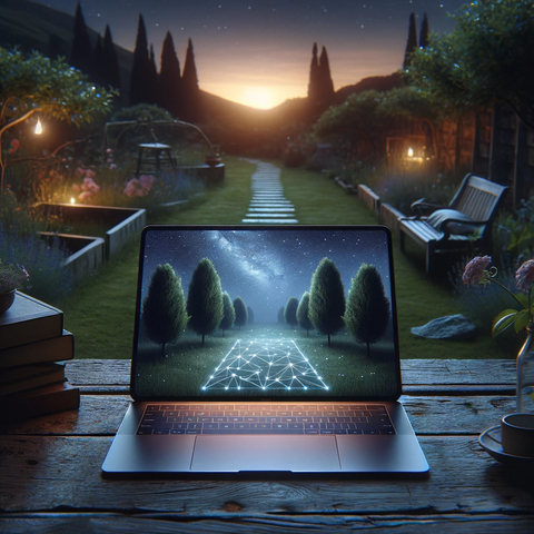 Garden sunrise view looking out over a laptop computer with a garden view and a celestial star path.
