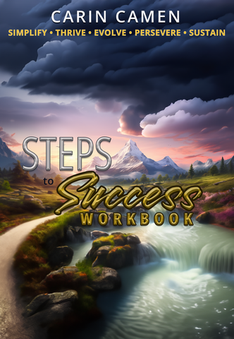 STEPS to Success Workbook book cover of a mountain path leading up to a snow capped mountain with a dark clouded sky. A river flows along the path.