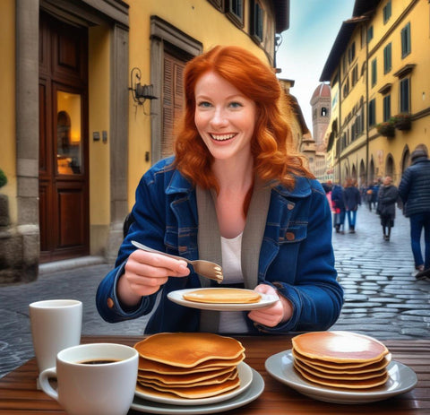 Monica eating pancakes in Florence, Italy