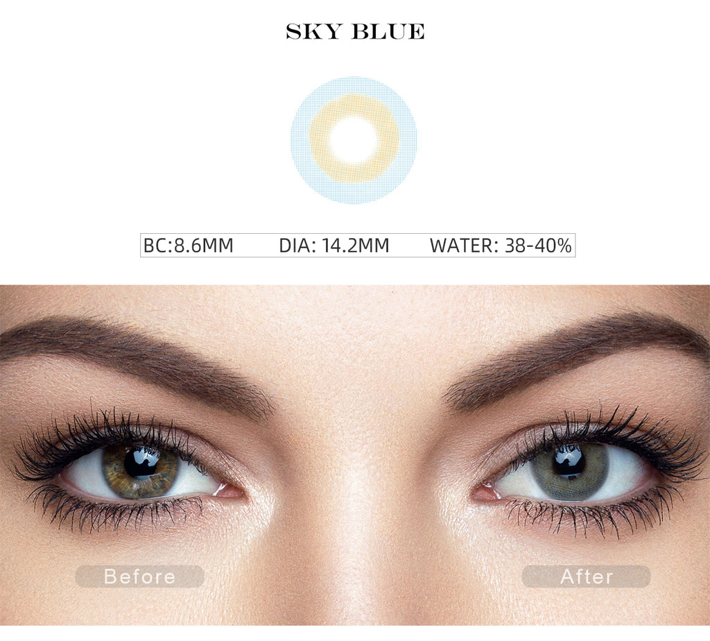 Fancy Sky Blue non prescription colored contacts with before and after photo