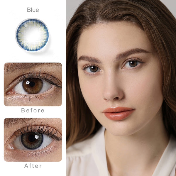 pro blue colored contacts wearing effect comparison of before and after