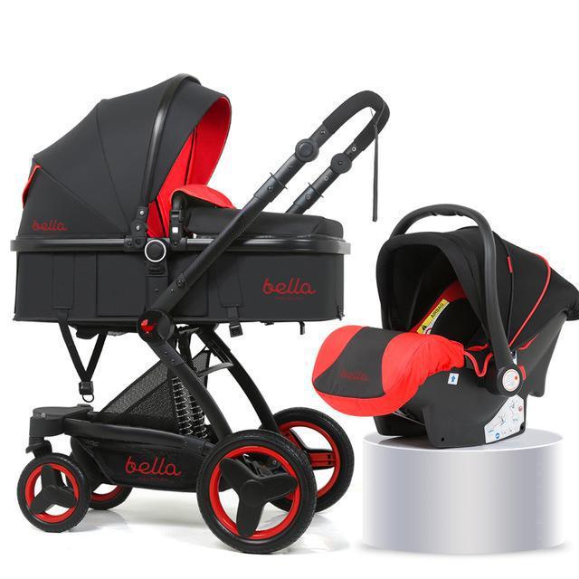 black and red stroller with car seat