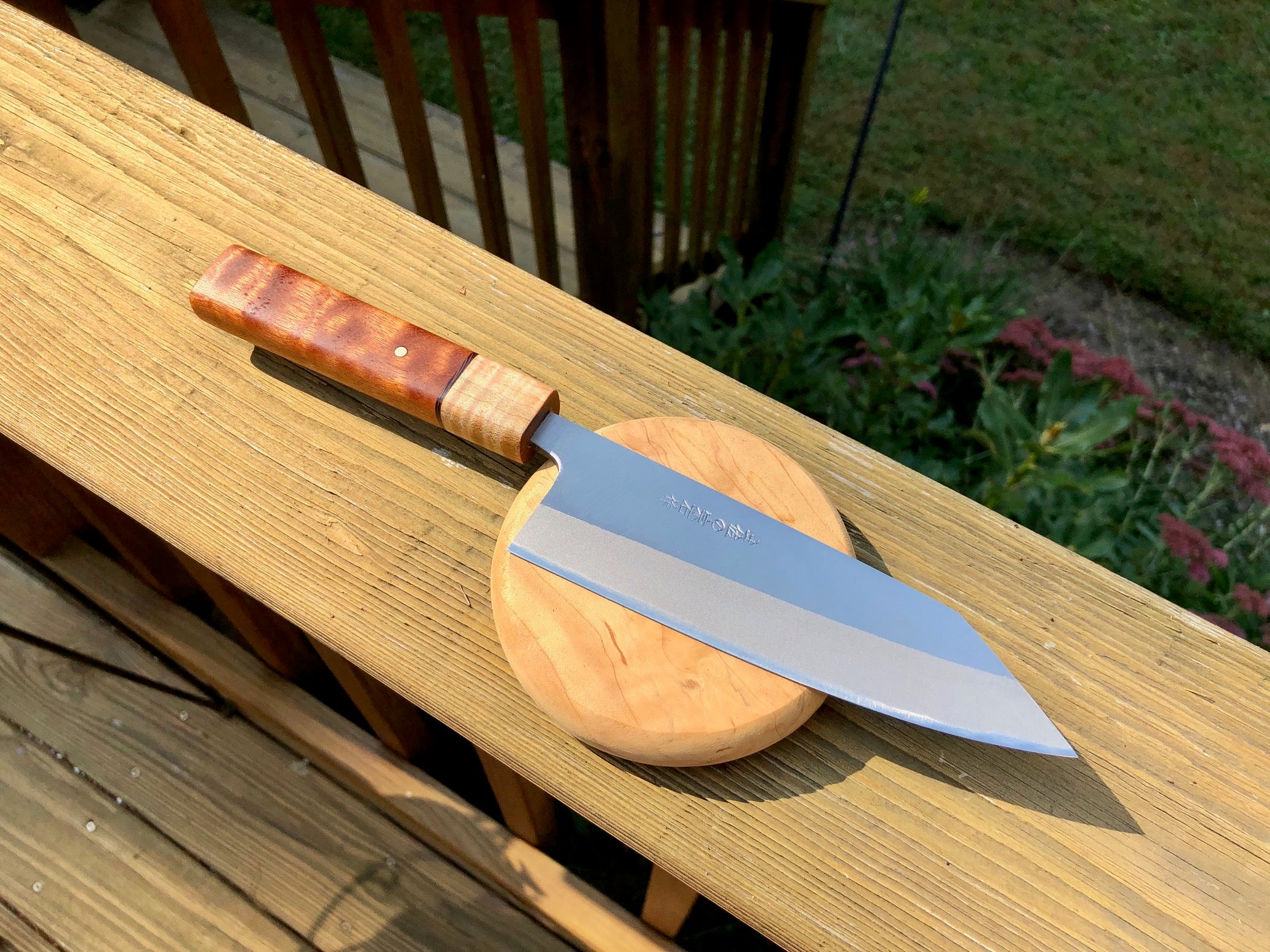 Custom blue 2 steel Kiritsuke knife with unique shape wa handle of 