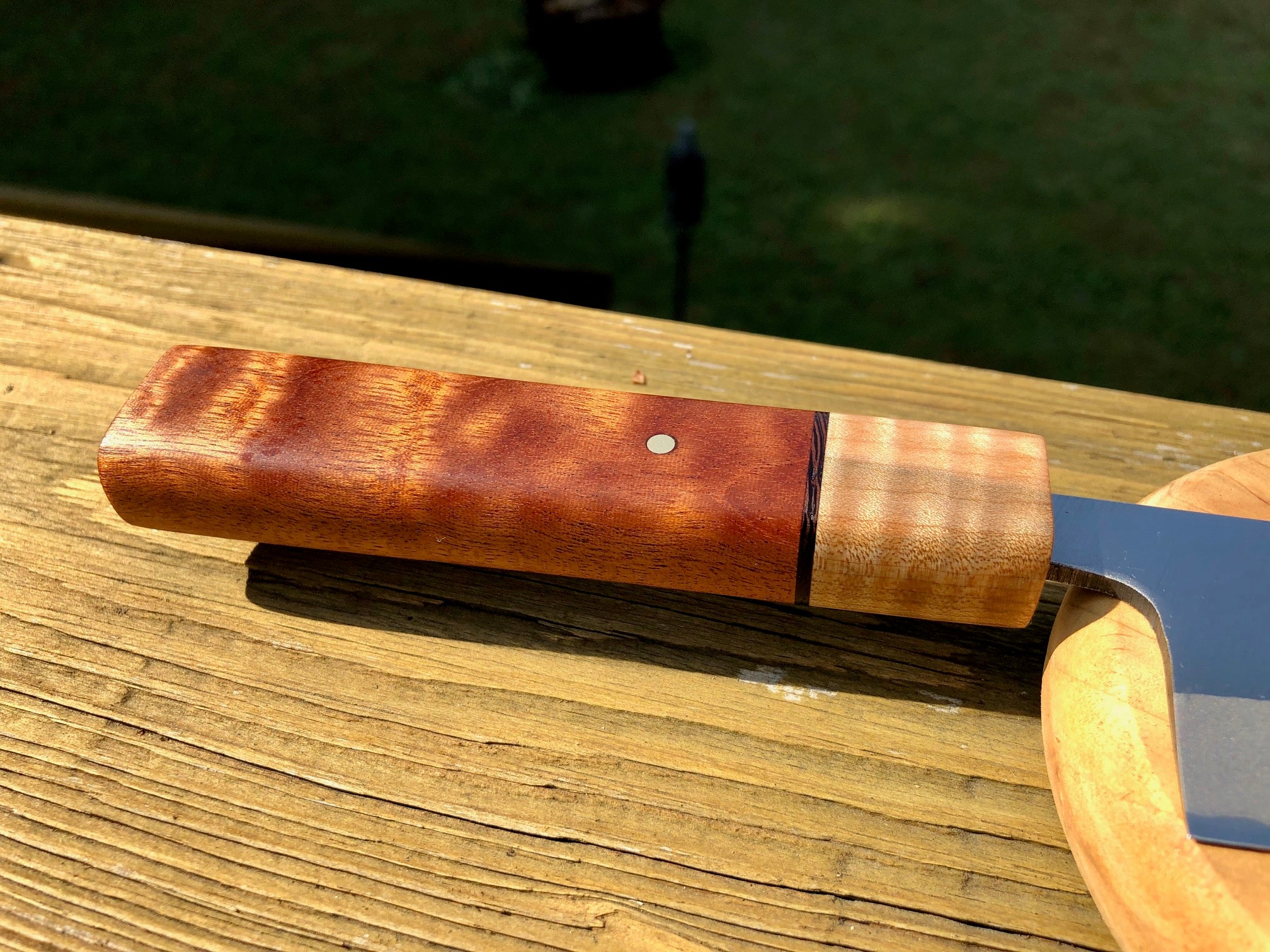 Custom blue 2 steel Kiritsuke knife with unique shape wa handle of 