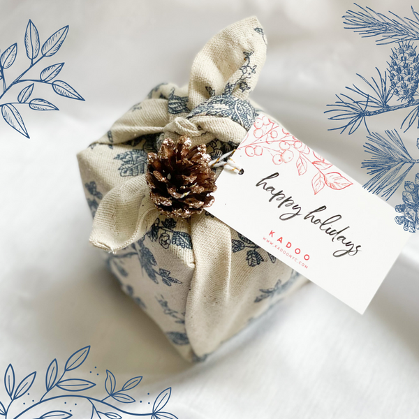 soy wax candle wrapped in furoshiki linen. Perfect gift for the holiday