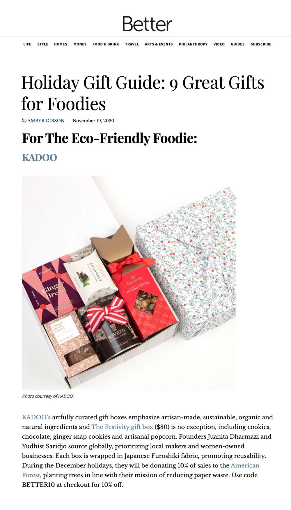 kadoo press featured in better.net for holiday gift guide eco friendly foodie gift box