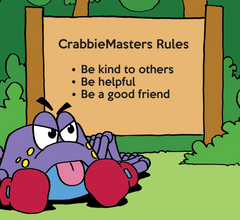 Get-Along Crabbie is front of camping sign with CrabbieMasters Rules: Be kind to others; Be helpful; Be a good friend.