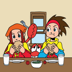 Picture of Jay and Kay eating sandwiches at the table with a frustrated claw up Hungry Crabbie behind them.