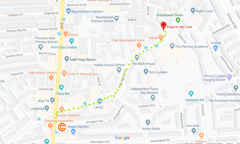 map showing the easy walking route between Circle Collective and Yoga on the Lane