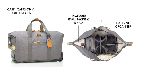 Storksak Travel Cabin Carry-on Grey hospital bag closed and open with hanging organiser and small packing block | Maternity hospital bag | Storksak - Award-winning Baby Changing Bags & Accessories