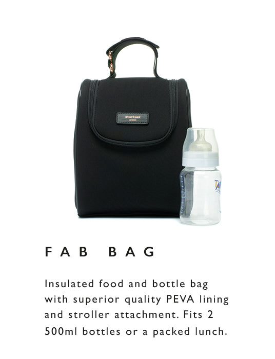 Insulated food and bottle bag with superior quality PEVA lining and stroller attachment. Fits 2  500ml bottles or a packed lunch.