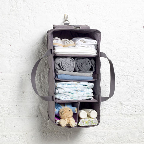 Hanging Organiser Grey Baby accessories hanging on wall hook | Storksak Travel Baby accessories | Storksak - Award-winning Baby Changing Bags & Accessories