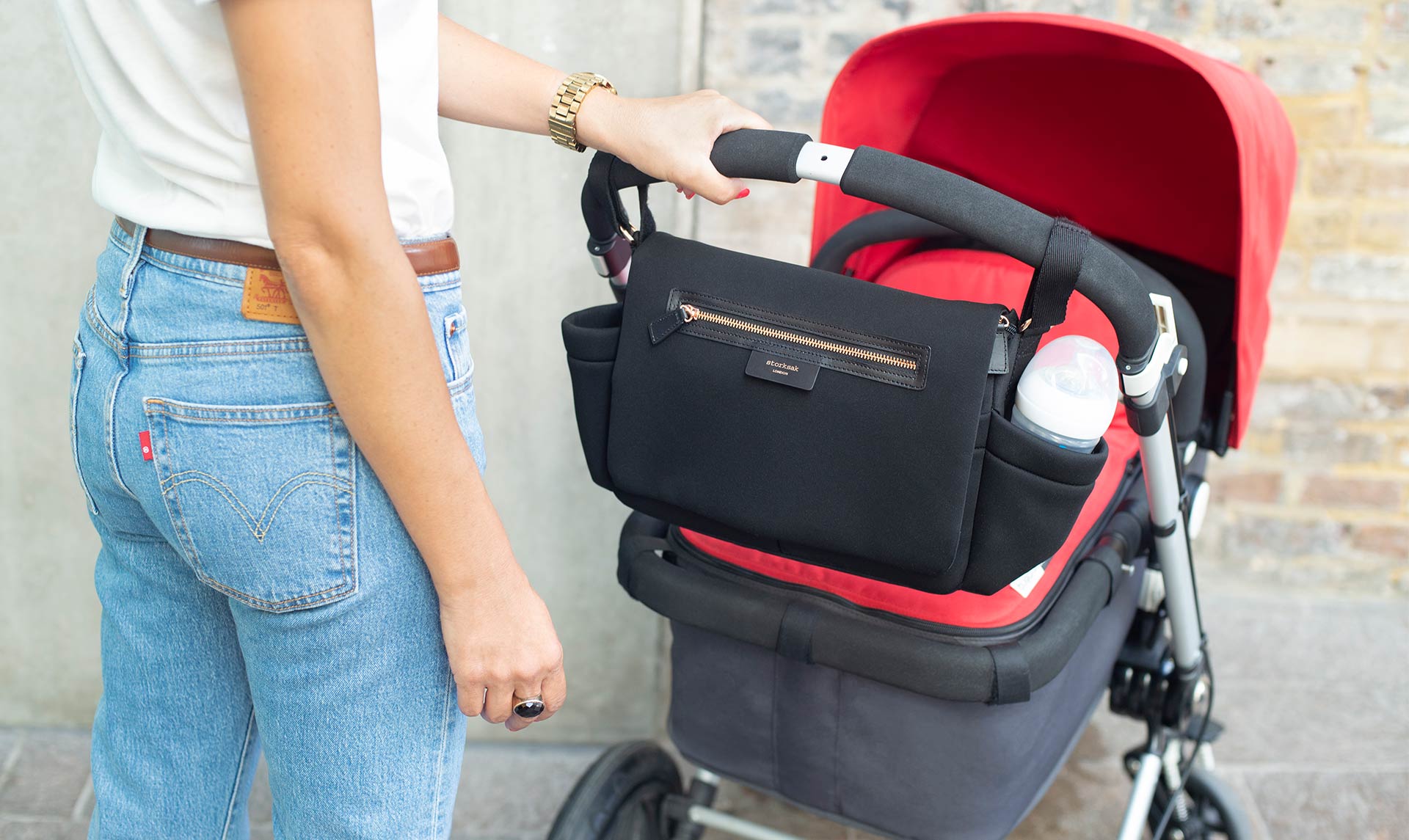 Stroller Organiser Luxe Black Scuba Baby accessories | Storksak Baby accessories | Storksak - Award-winning Baby Changing Bags & Accessories