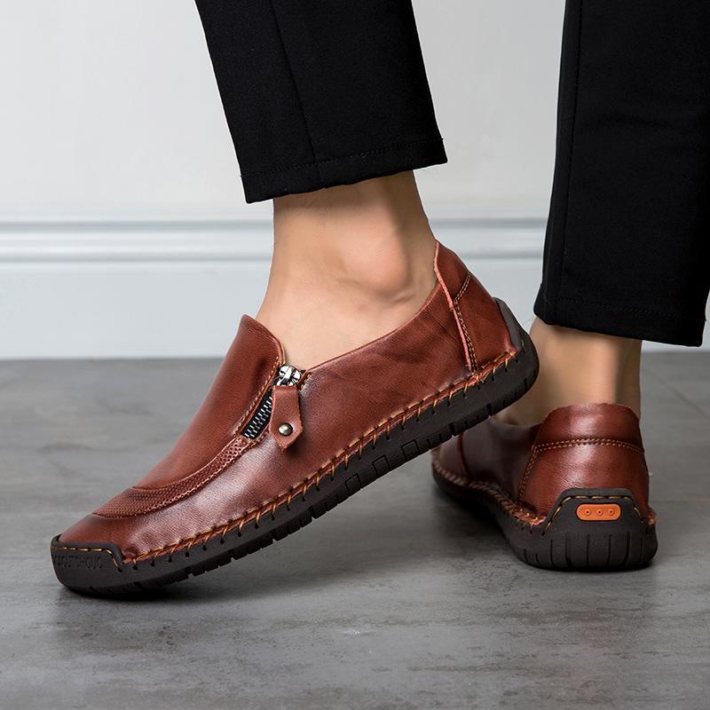 men's hand stitching stylish soft sole slip on loafers casual leather shoes
