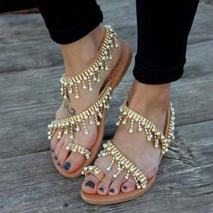 Women Leather Sandals Casual Pearls 