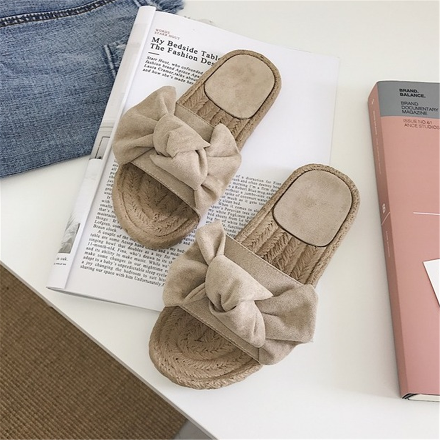 bowknot design hempen cord flat slippers