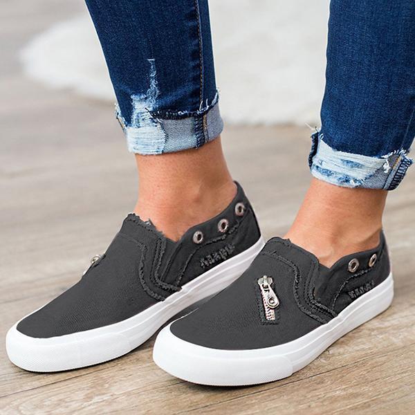 casual solid color zipper decoration canvas loafers