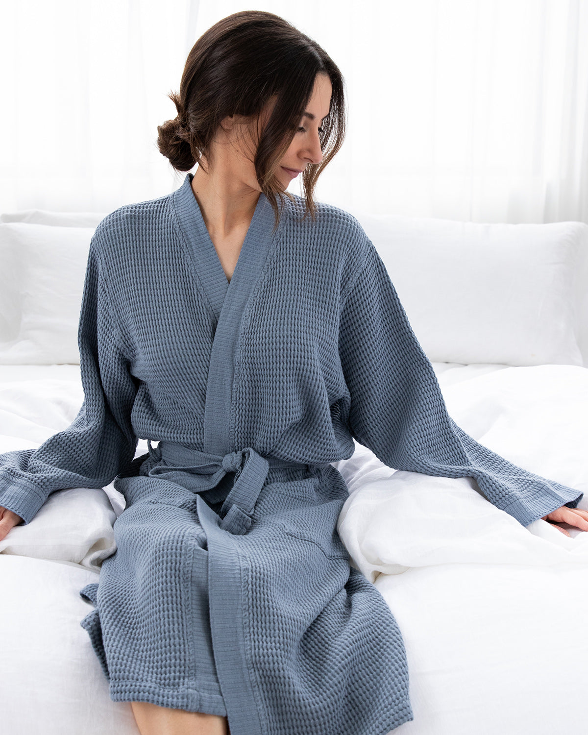 Washed Cotton/Bamboo Waffle Robe Pool Blue - Au Lit Fine Linens