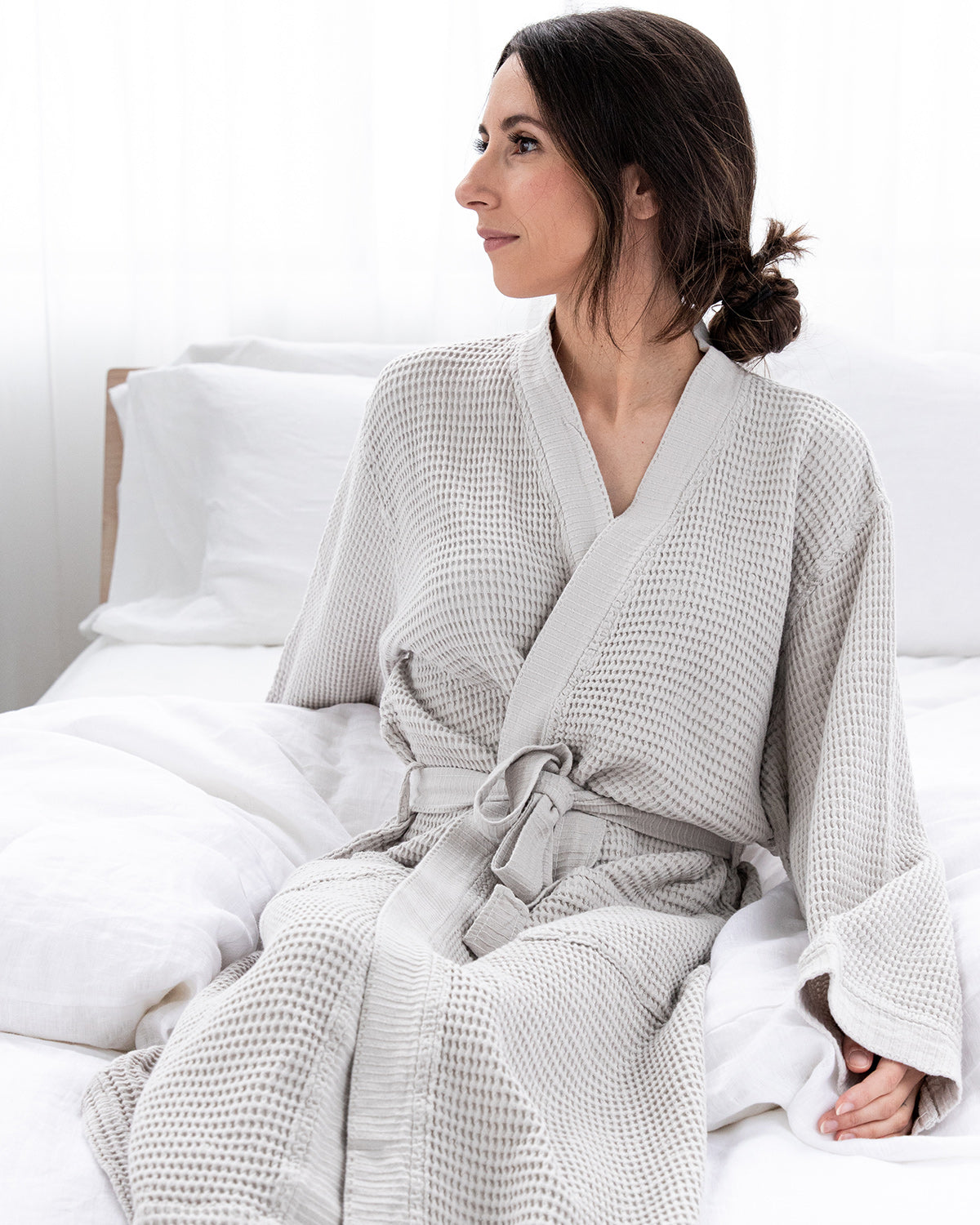 Washed Cotton/Bamboo Waffle Robe Silver - Au Lit Fine Linens