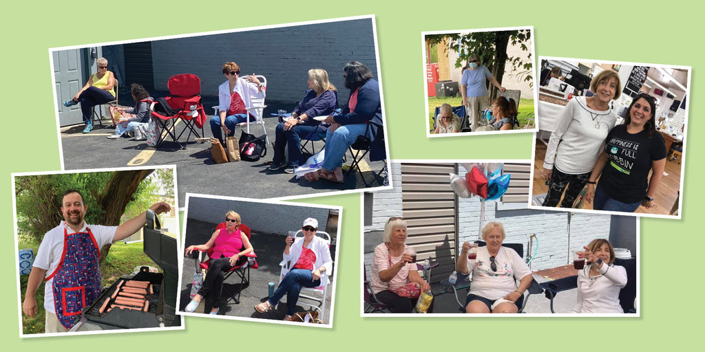 Collage of people enjoying Aurora Sewing Center's customer Appreciation Days in years past.