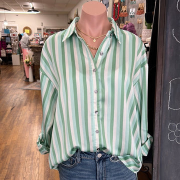 Sage Stripe Button Up Top