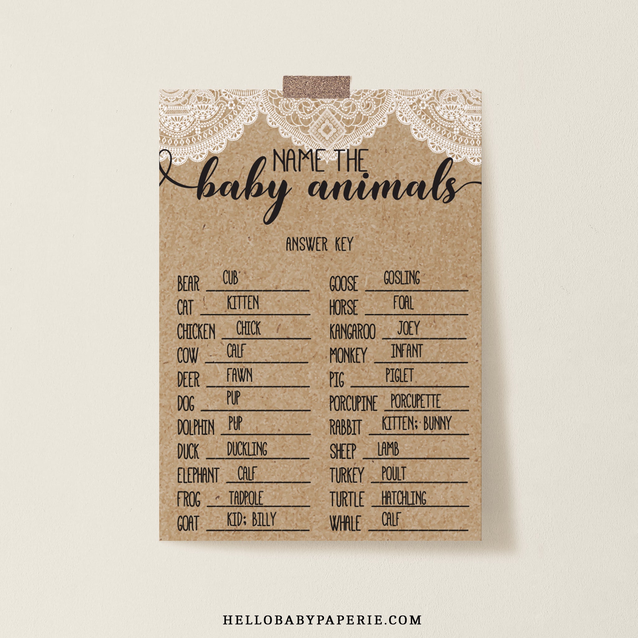 Rustic Lace Name The Baby Animals Game Template Hello Baby Paperie