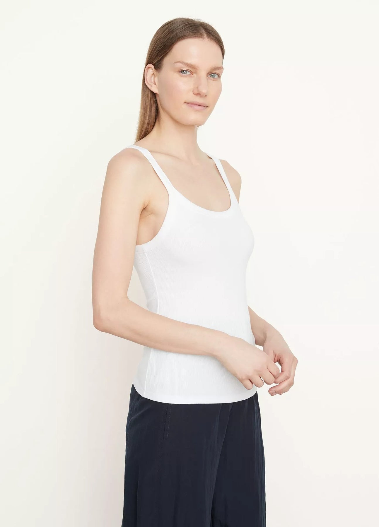 Vince, Rib Trim Silk Tank in Optic White