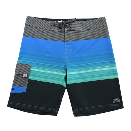 Men's Board Shorts in Grey, Light Blue, Green, & Black Stripes