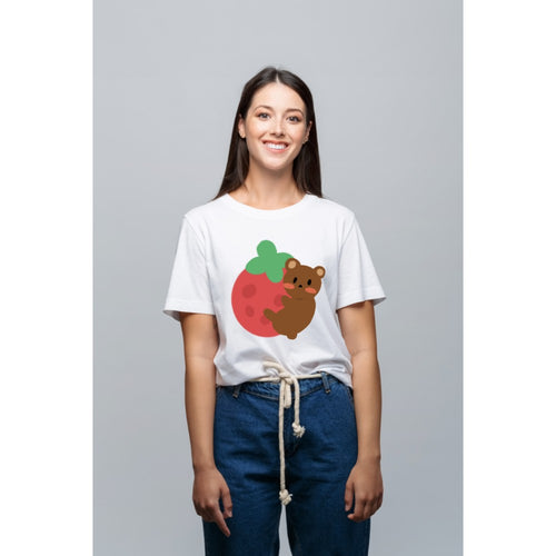 Women's Fashion Casual Round Neck T  Shirt Top Strawberry Bear Cute Simple Cartoon Pattern