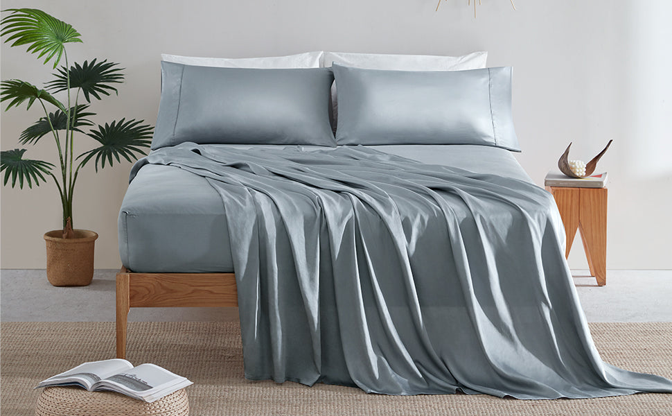 SLEEP ZONE Luxury Cooling Sheets Set Queen 4 Piece - Silky Soft Breathable Bed Sheets Set - Fitted Flat Sheet & Pillowcase Sets - Pilling Free Fade Resistant Deep Pocket 16" (Silver Grey)