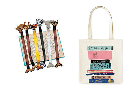 Plush zoo animal bookmarks and Kate Spade library tote