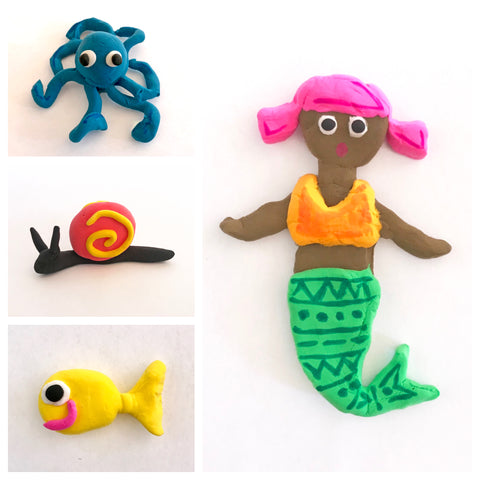 Small clay figures of an octopus, snail, fish and mermaid