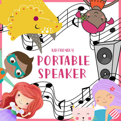 Album cover that says "Kid Friendly Portable Speaker" with graphics of characters