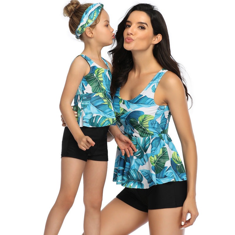 Mom and Daughter Tropical Print Hanky Hem Ruched Bikini Swimsuit
